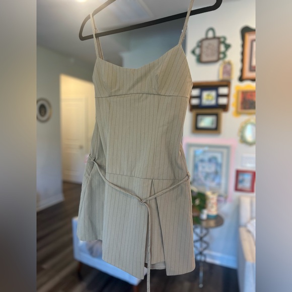 Zara Adjustable Stap Pinstripe Mini Dress in Light Cream - Picture 9 of 13